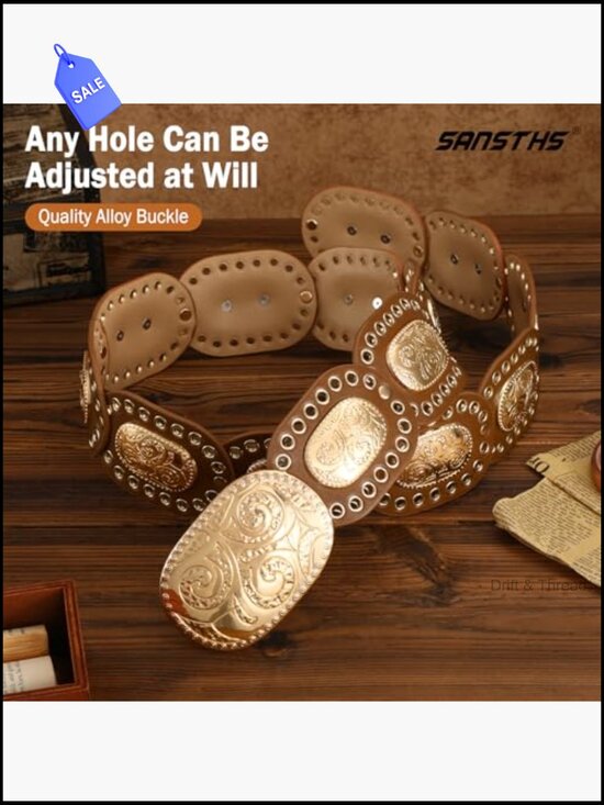 Vintage Style Western Disc Belt for Jeans Dress, Cowgirl Cowboy Boho Belt, Faux main image 5